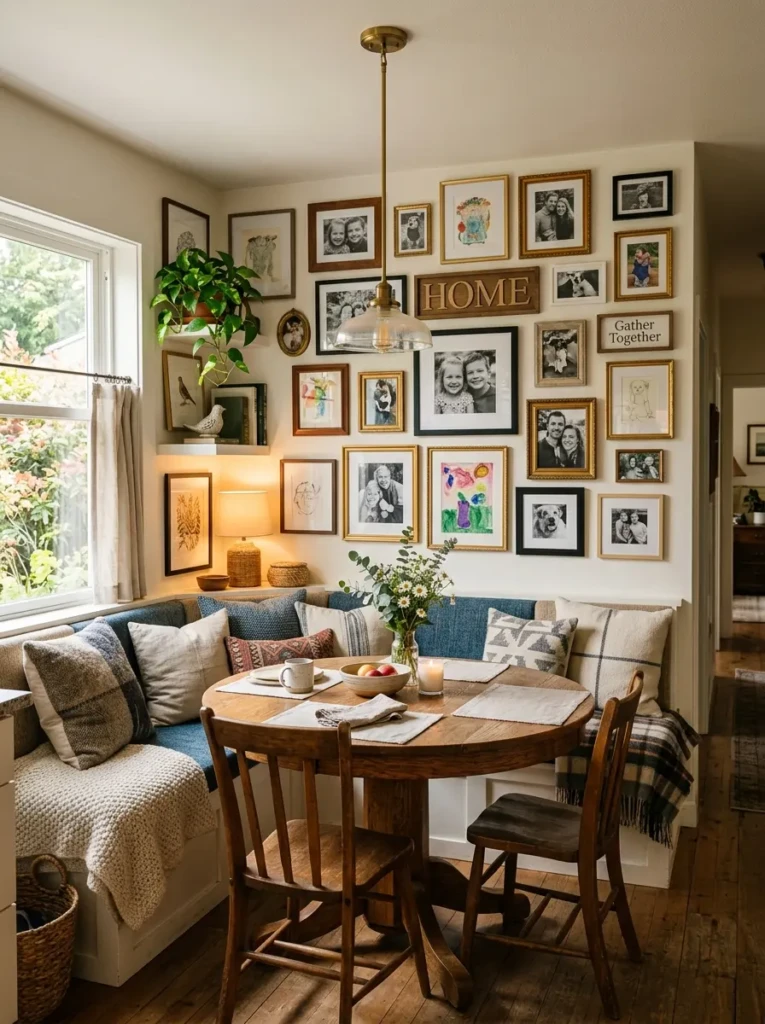 A dining nook with a gallery wall of framed photos adding personality and charm to the space.