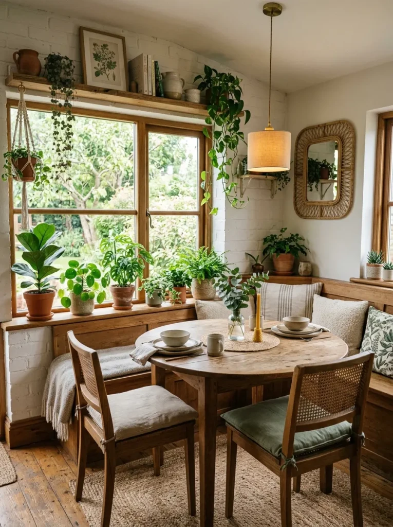 A dining nook decorated with indoor plants and natural materials creating a fresh and calming environment.