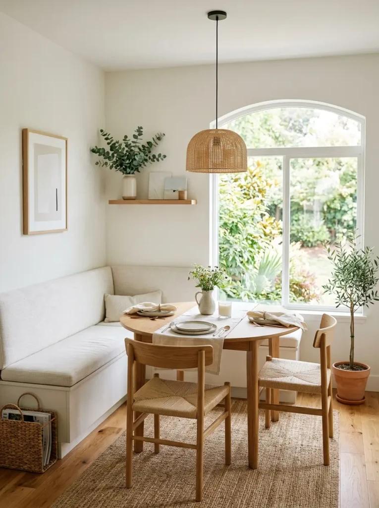 A well-organized dining nook with a clean layout, minimal furniture, and harmonious design.