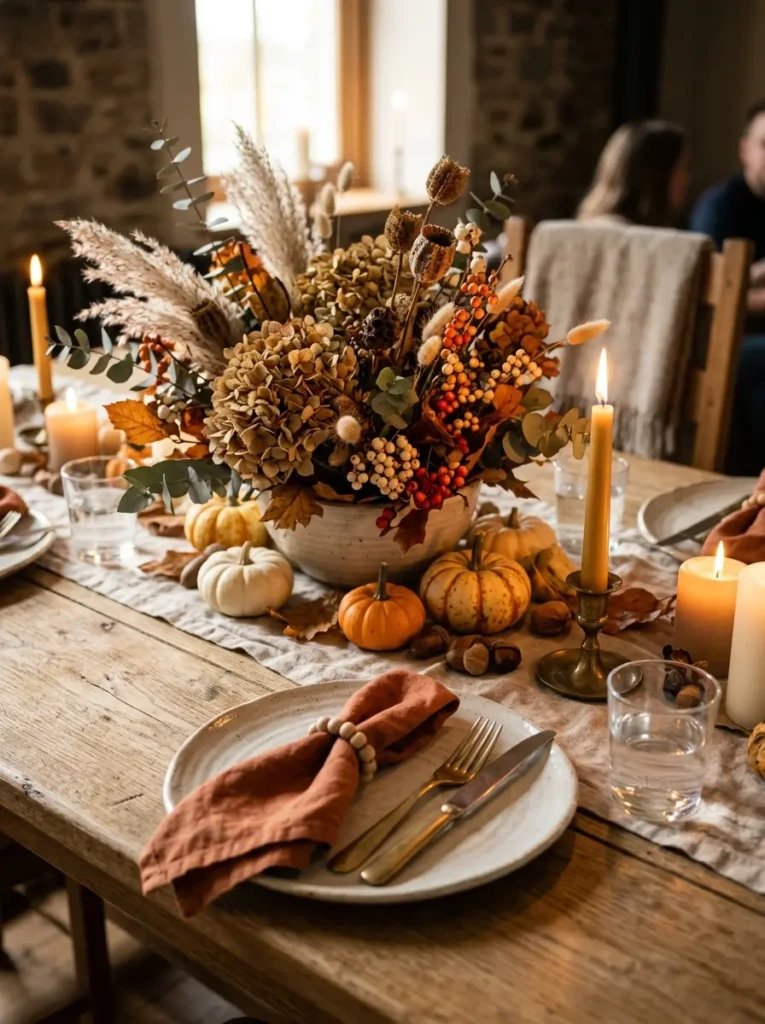 Rustic dining room table decorated with linen runner, candles, pumpkins, and dried flowers for fall