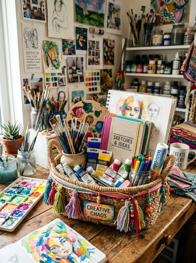 A colorful basket filled with art supplies like paints, brushes, and sketchbooks on a workspace