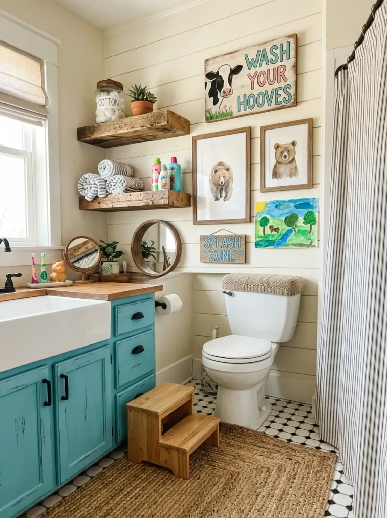 diy farmhouse bathroom decor with painted cabinets and wooden shelves for kids