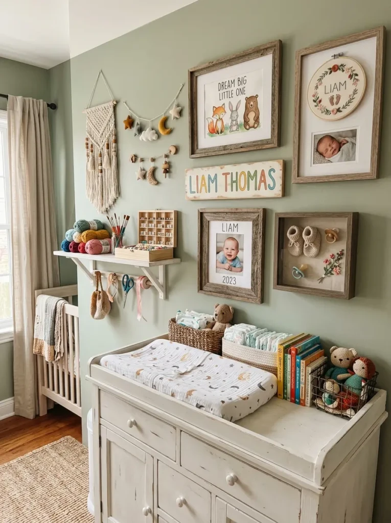 Creative nursery wall decor with handmade artwork and personalized craft elements.