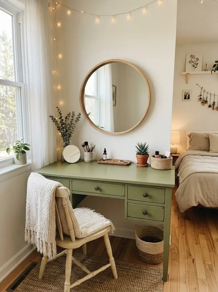 Affordable DIY vanity setup made from a simple desk with creative decor