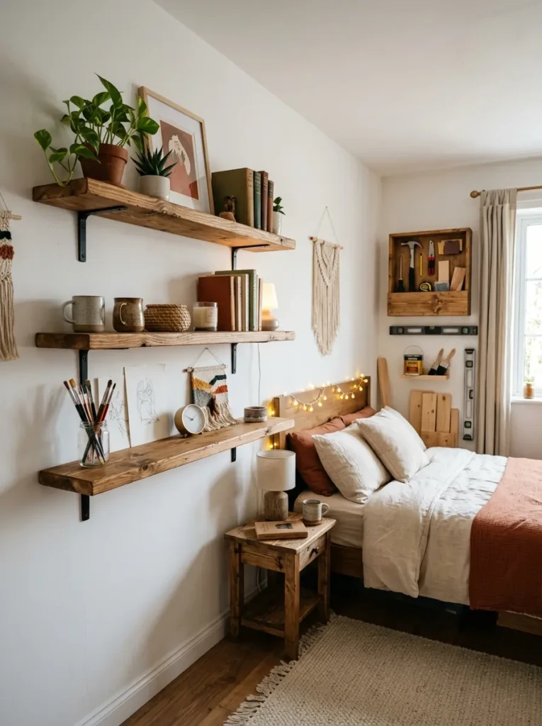 handmade shelves in bedroom adding personal and creative touch