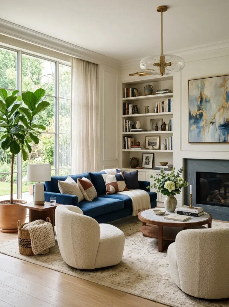 A beautifully designed living room combining color, texture, and furniture for a perfect look.