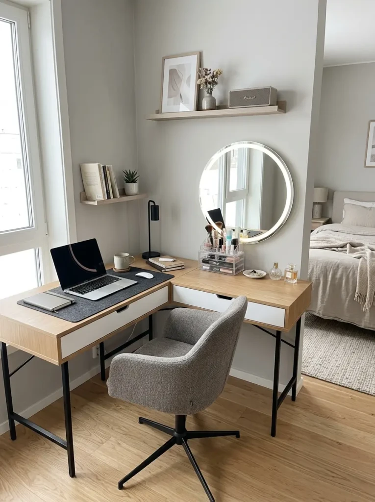 Vanity desk used as both workspace and makeup station in a modern bedroom