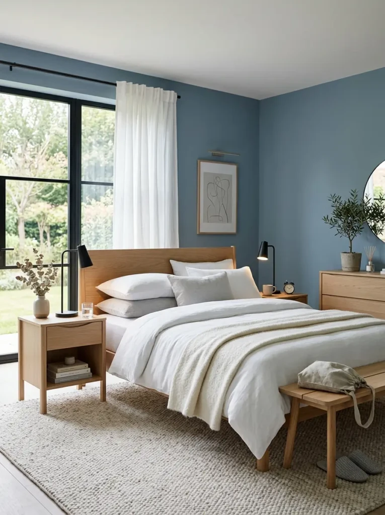 Elegant dusty blue bedroom with white sheets, matte black lamps, light wood furniture, and a calming modern atmosphere.