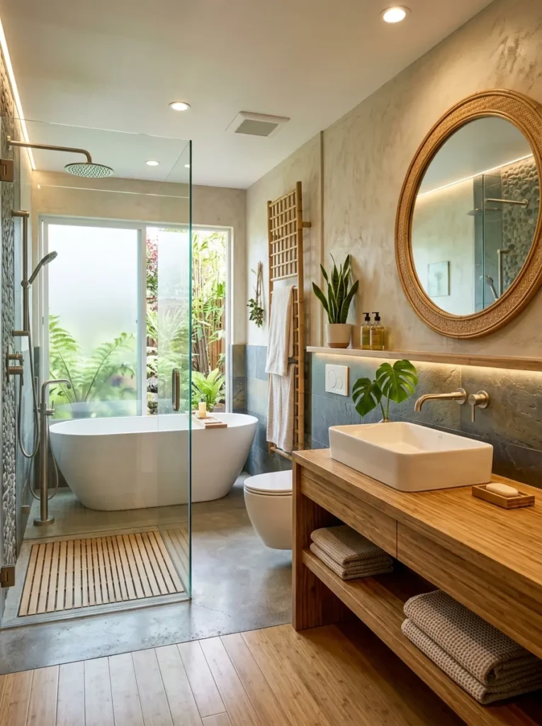 Green bathroom design with water-saving fixtures, bamboo accents, and energy-efficient lighting