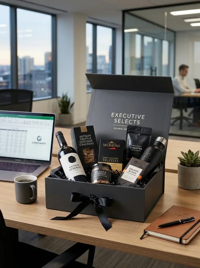 A sleek corporate gift basket with premium snacks and elegant packaging on an office desk
