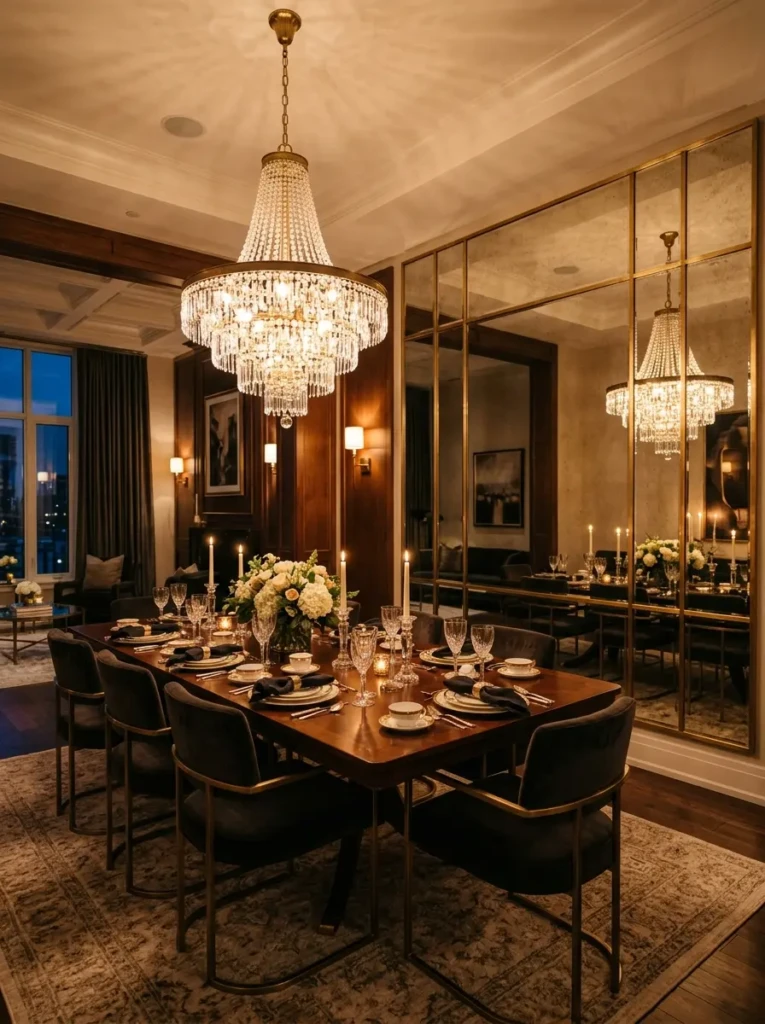 Dining room with large mirror wall reflecting chandelier and dining table for a sophisticated look