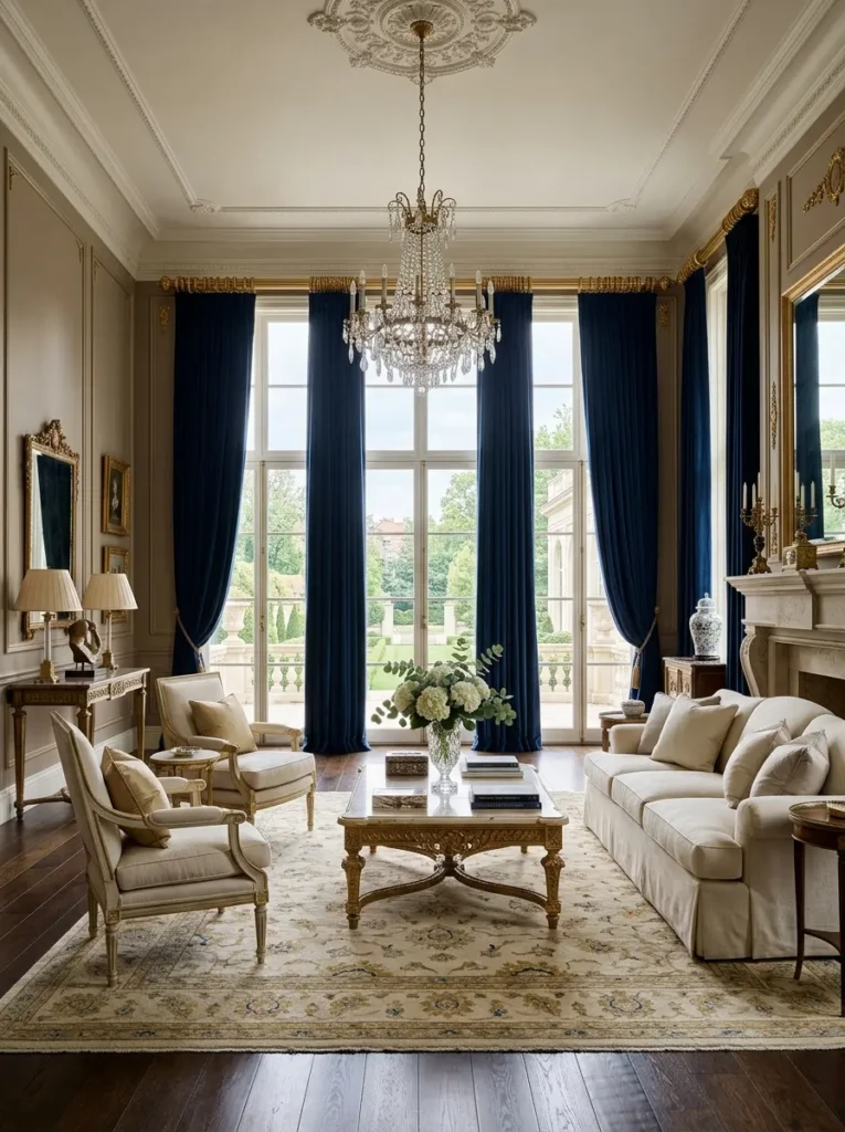 Formal living room with floor-to-ceiling velvet curtains and tall elegant windows.