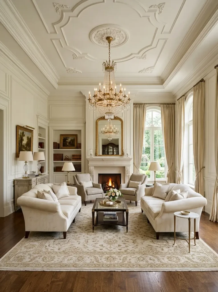 Formal living room seating arranged for conversation with plush cushions and warm lighting.