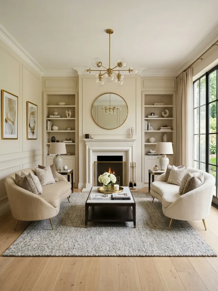 elegant living room design with symmetrical furniture arrangement, matching chairs, and balanced modern decor