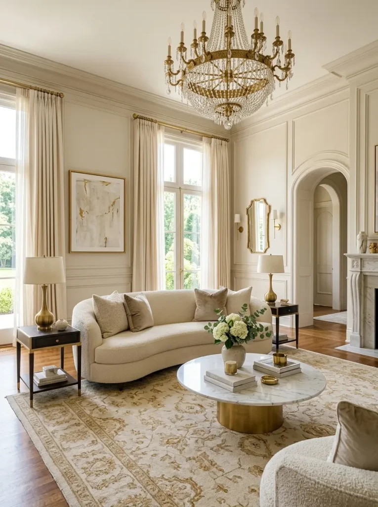 Elegant living room decor with curved sofa, marble table, brass chandelier, and floor-length drapes