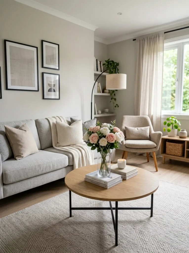 Affordable elegant living room setup with simple furniture and artificial roses for decoration