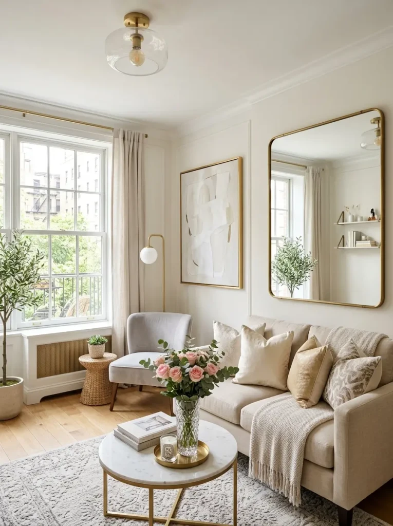 Compact living room with light colors, mirror, and a small table featuring a rose arrangement