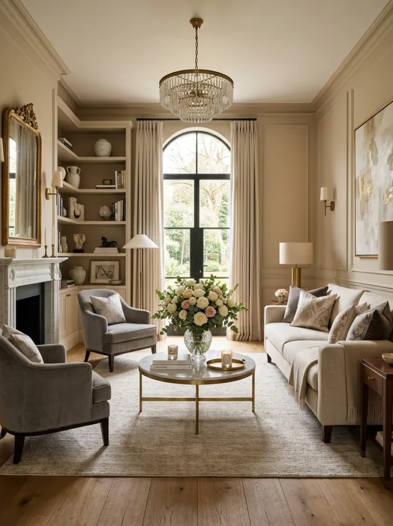 Beautifully styled elegant living room with neutral tones, luxurious furniture, and a rose centerpiece