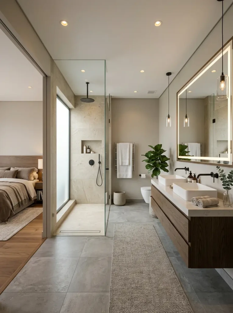 Stylish ensuite bathroom with double sinks, walk-in shower, and neutral tones for a luxurious look