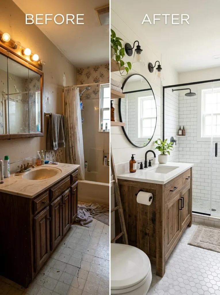 farmhouse bathroom remodel showing upgraded vanity lighting and modern rustic design