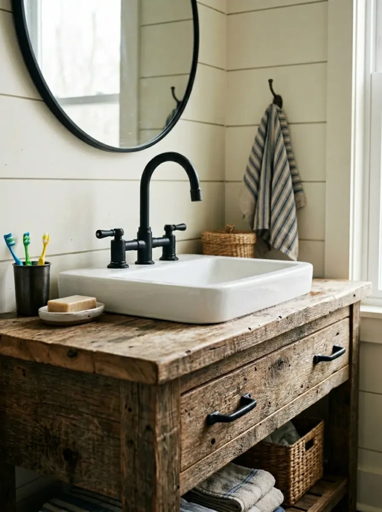 farmhouse bathroom materials including wood vanity matte black fixtures and ceramic sink