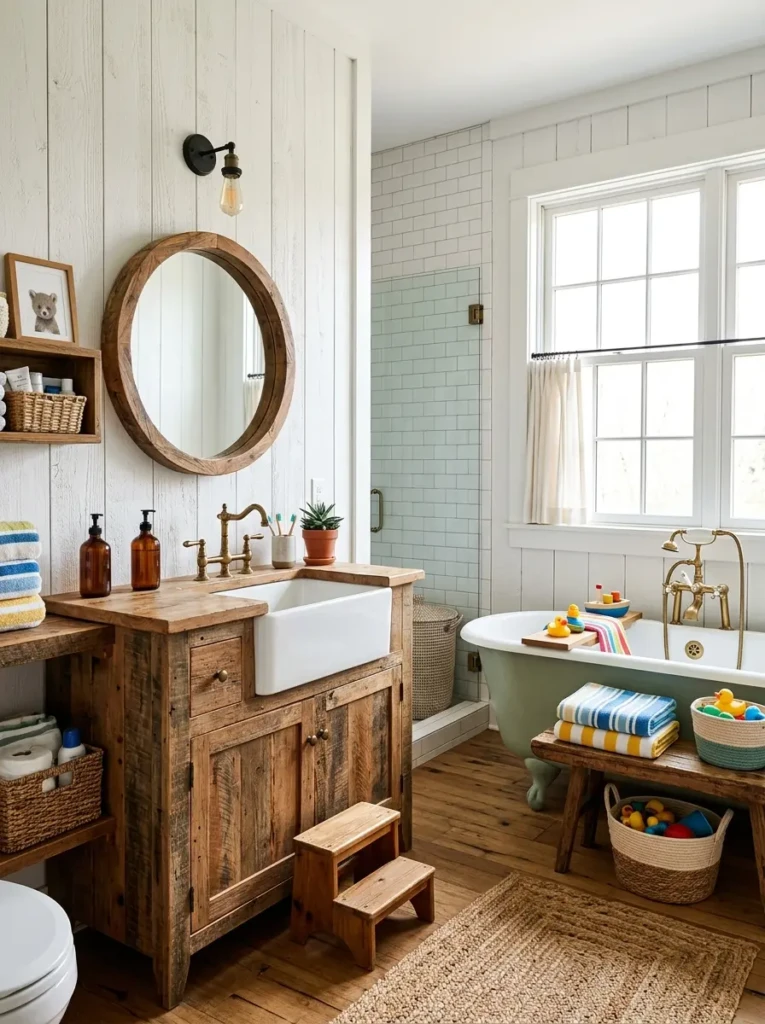 white shiplap farmhouse bathroom with rustic wood textures and cozy design