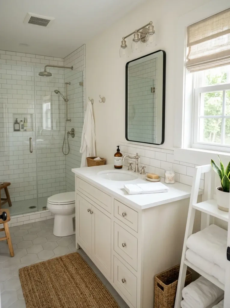 farmhouse bathroom with subway tiles and quartz countertop easy to clean surfaces