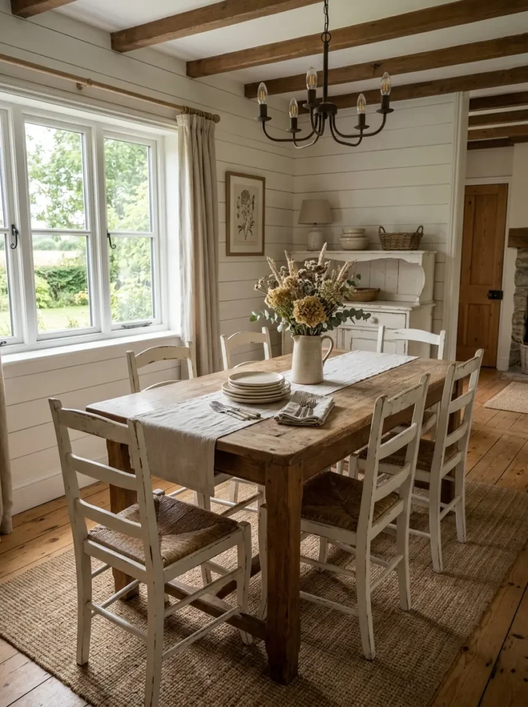 Farmhouse kitchen table set against shiplap-style wallpaper with rustic wooden furniture and cozy décor