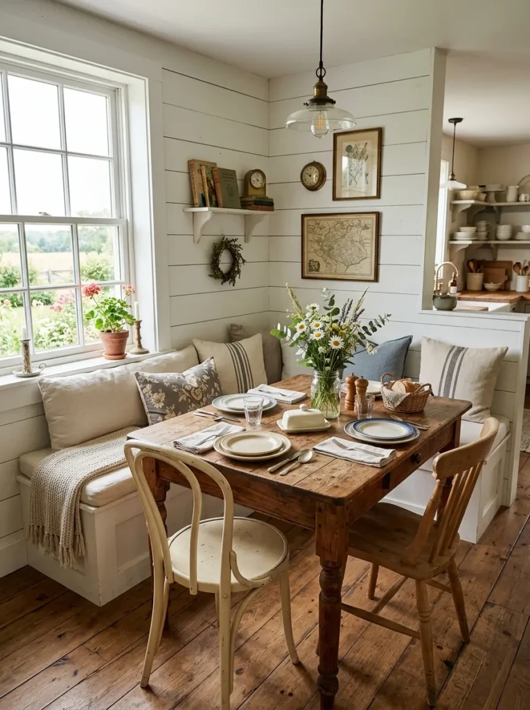 A rustic farmhouse dining nook with wooden furniture, neutral tones, and vintage-inspired decor.