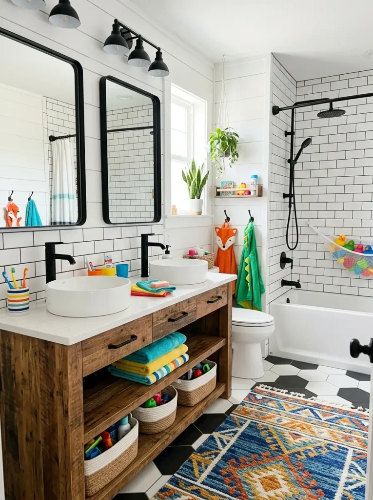 modern farmhouse bathroom with rustic wood vanity and sleek fixtures for kids