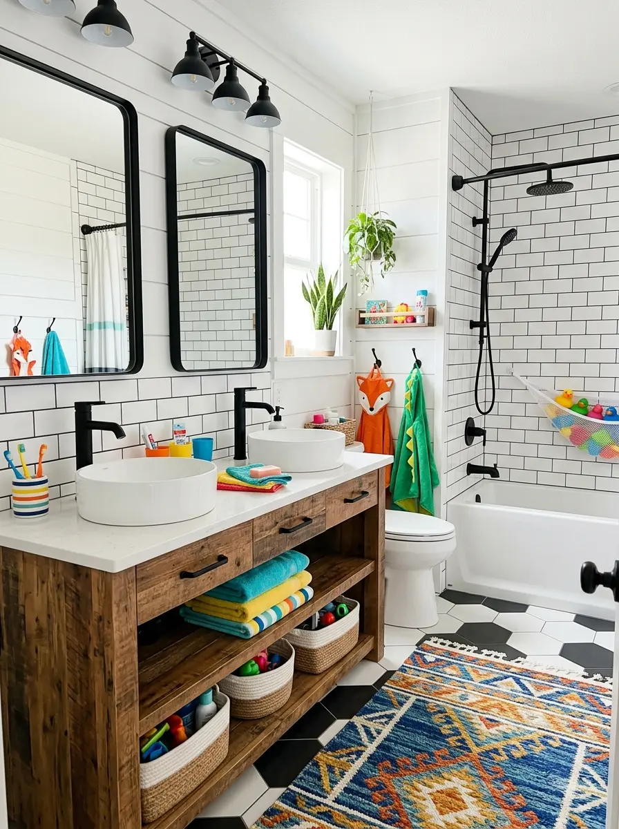 modern farmhouse bathroom with rustic wood vanity and sleek fixtures for kids