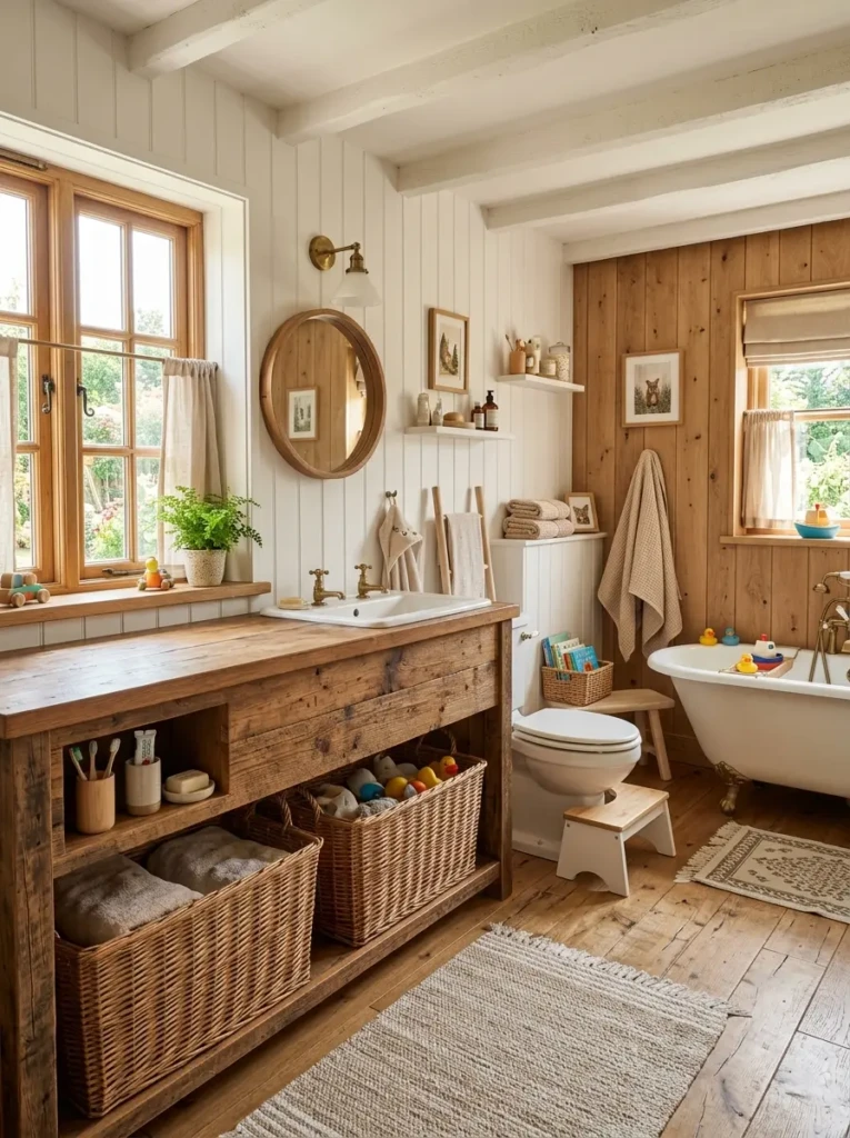 charming farmhouse bathroom ideas for kids with natural textures and soft neutral colors