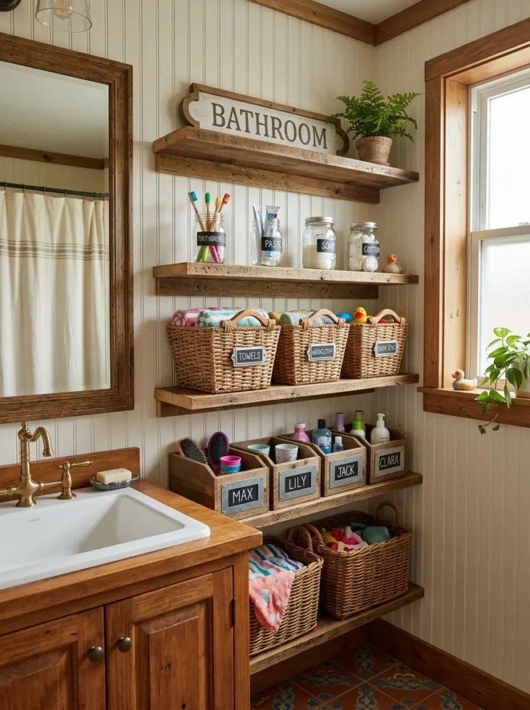 farmhouse bathroom storage with wooden shelves wicker baskets and mason jars for organization
