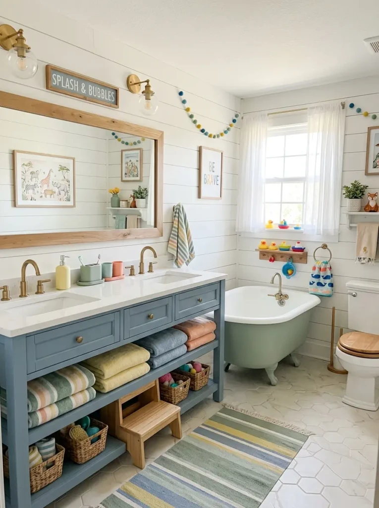 farmhouse bathroom decor with pastel colors like sage green and dusty blue for kids