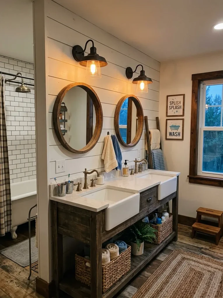 farmhouse bathroom lighting with barn style sconces and warm glow for kids space