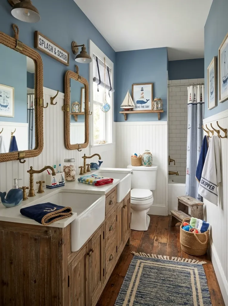 farmhouse kids bathroom with nautical theme accents and rustic design elements