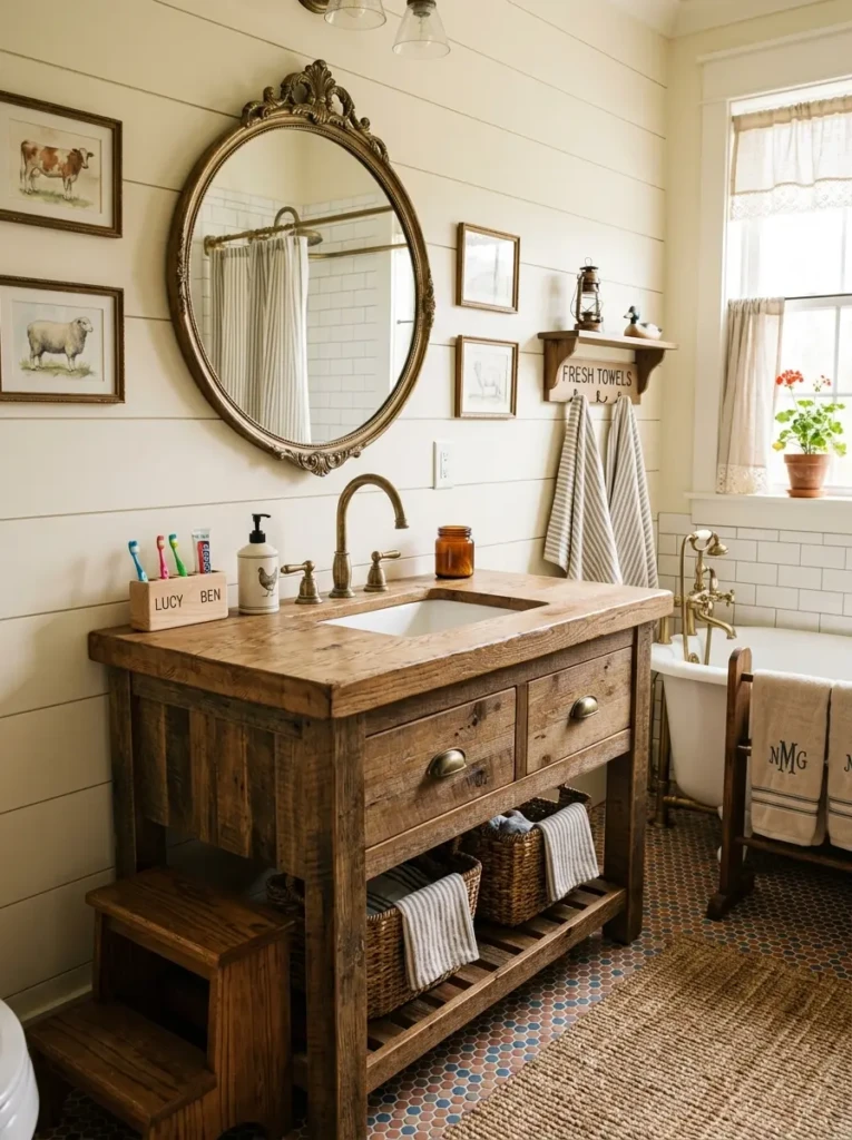 farmhouse bathroom with vintage inspired mirror and rustic cabinet safe for kids
