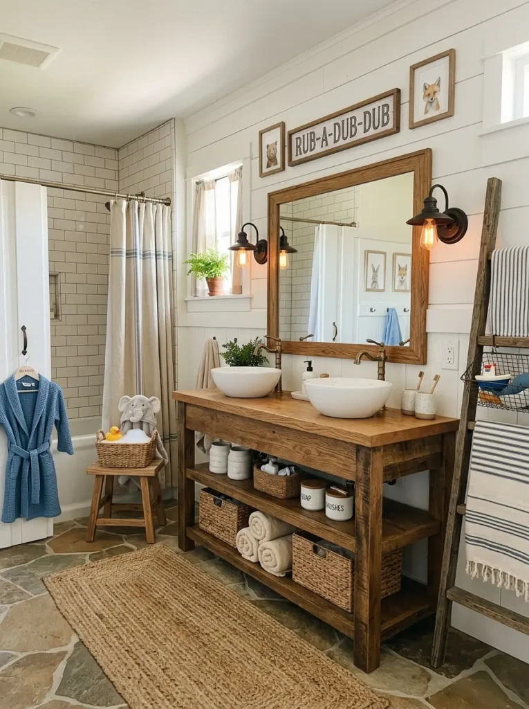 stylish farmhouse kids bathroom with warm lighting rustic wood and white decor
