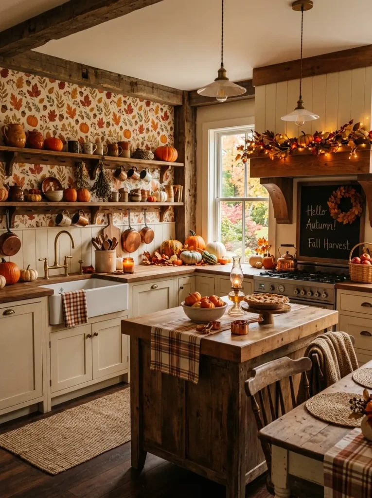 Farmhouse kitchen decorated with seasonal wallpaper accents and cozy autumn-inspired elements