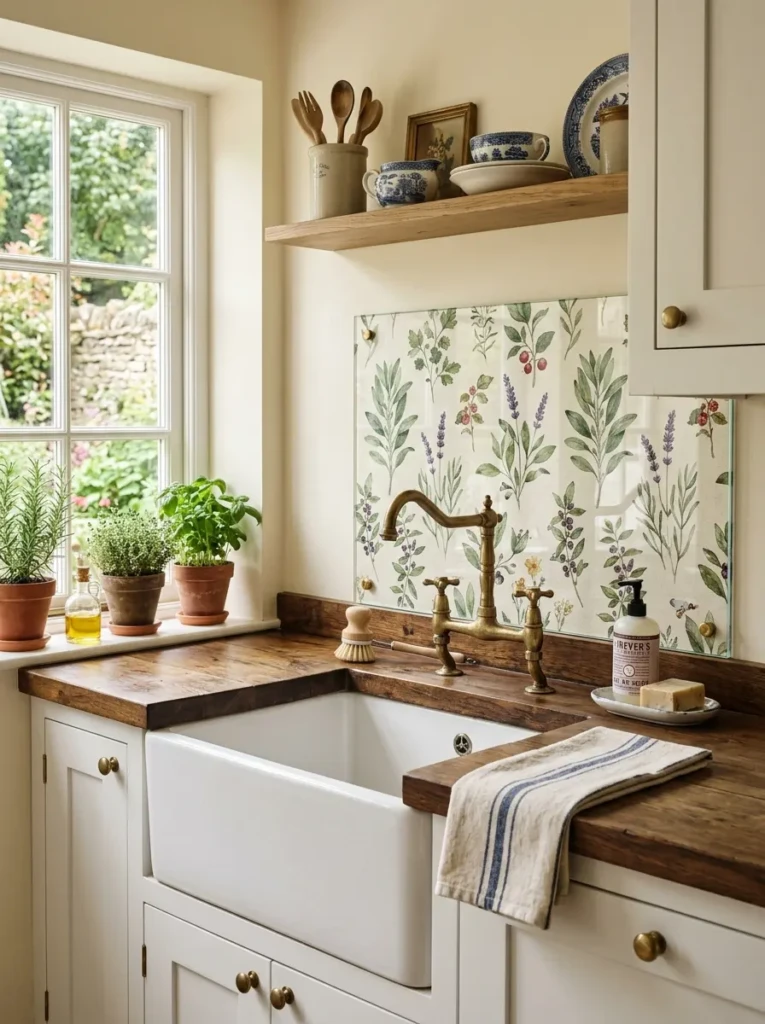 Farmhouse kitchen backsplash with decorative wallpaper protected by glass near sink and countertop