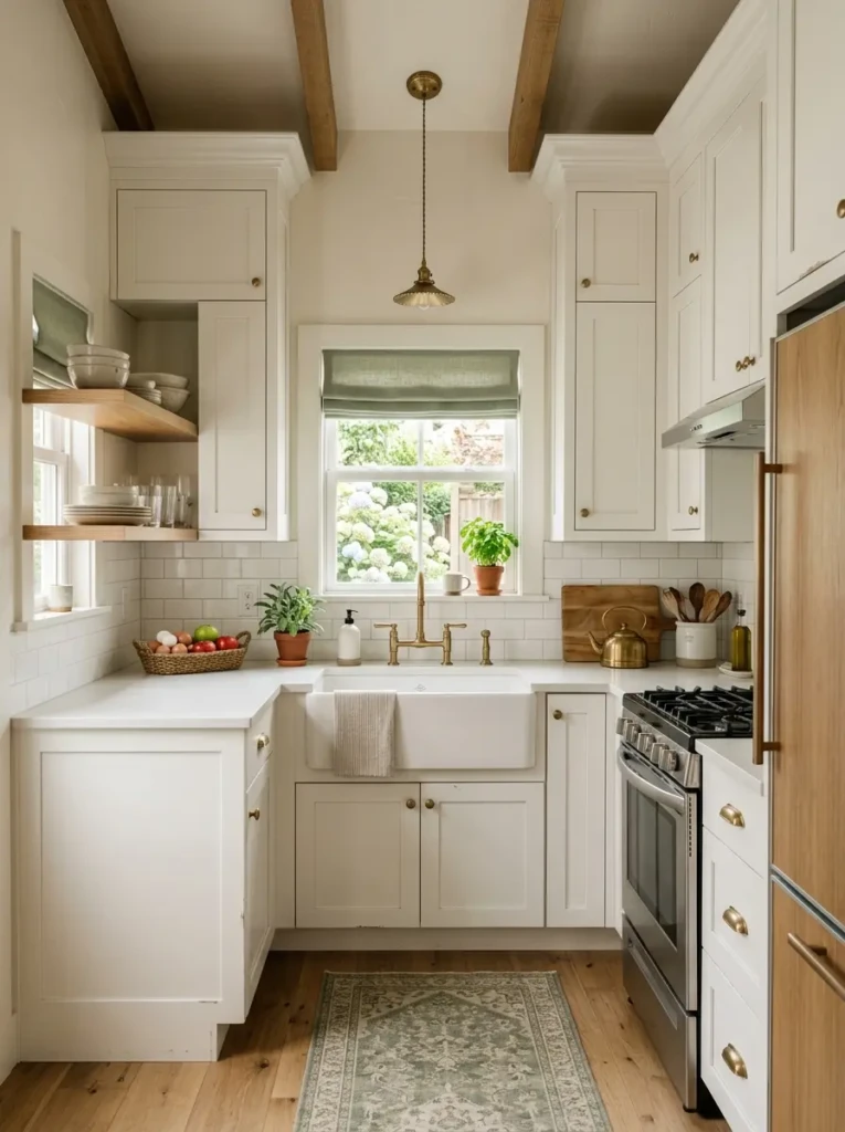 Small farmhouse kitchen with white shaker farmhouse kitchen cabinets reaching the ceiling for extra storage.