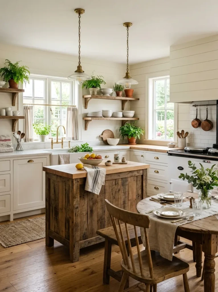 Fully styled farmhouse kitchen with farmhouse kitchen cabinets, wood island, cozy table, and rustic decor.