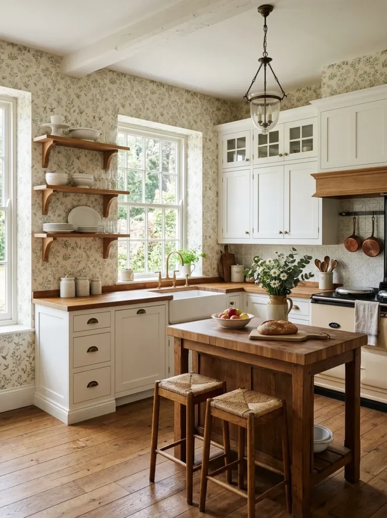 Farmhouse kitchen cabinets paired with subtle patterned wallpaper creating a balanced and cohesive design