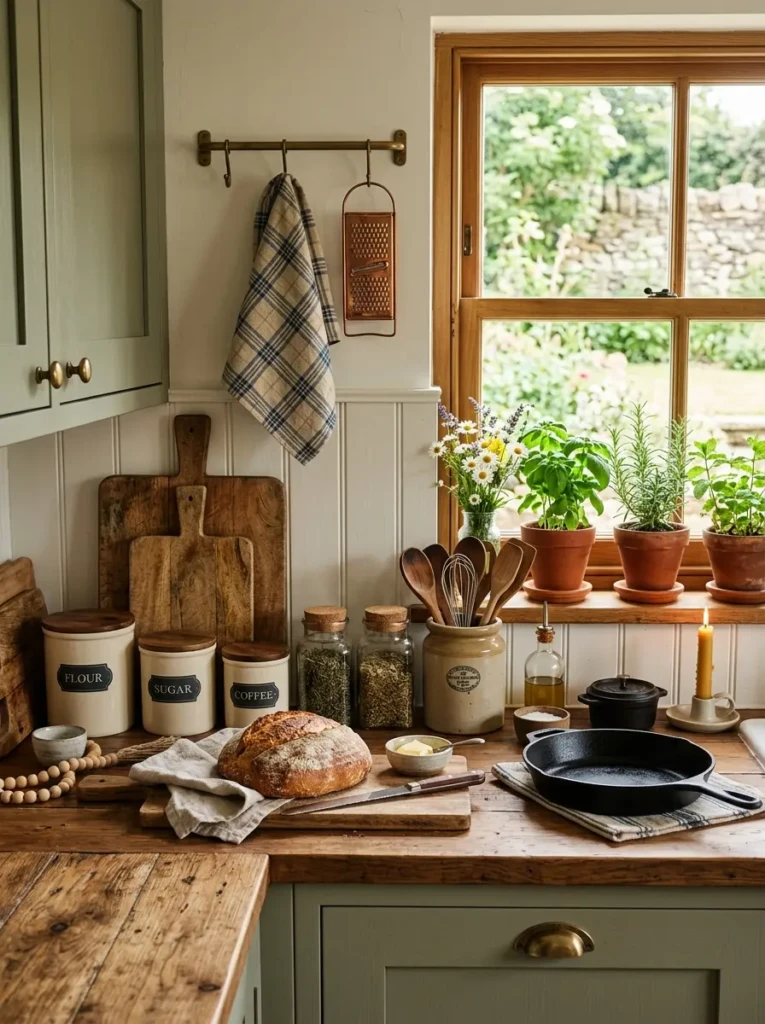 Farmhouse kitchen countertop styled with wooden cutting boards, ceramic jars, and cast iron cookware.