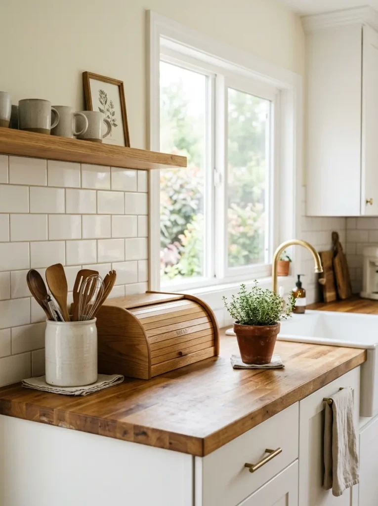 Minimal farmhouse kitchen countertop with butcher block surface, bread box, and ceramic utensil holder.