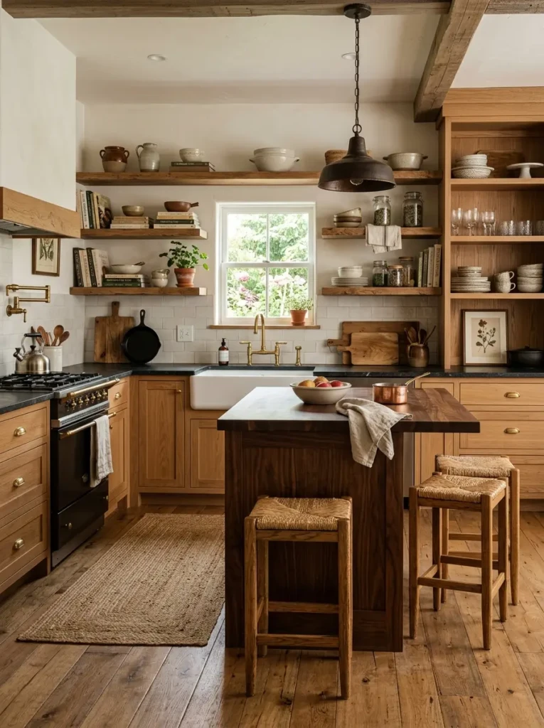 Farmhouse kitchen design with layered light and dark wood tones in shelving, flooring, and island.