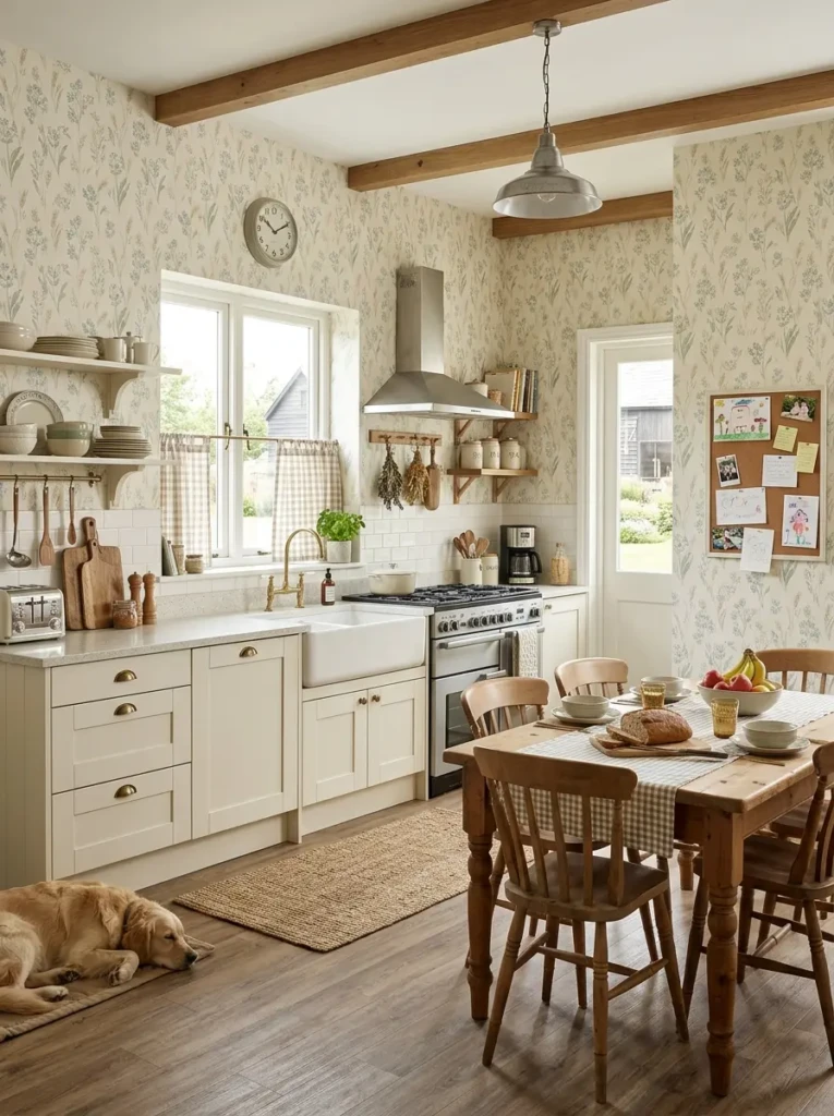 Farmhouse kitchen with easy-to-clean vinyl wallpaper designed for durability and everyday use