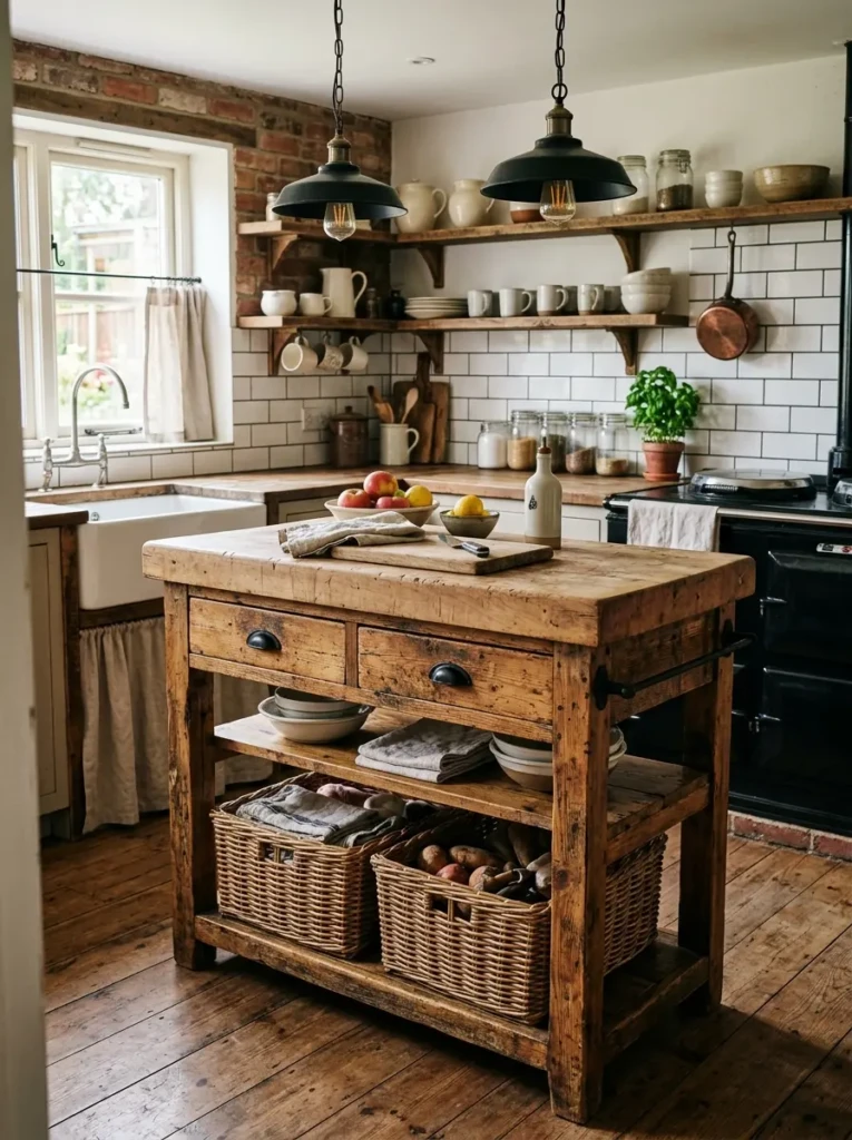 Small farmhouse kitchen featuring a narrow farmhouse kitchen island with butcher block countertop and basket storage.