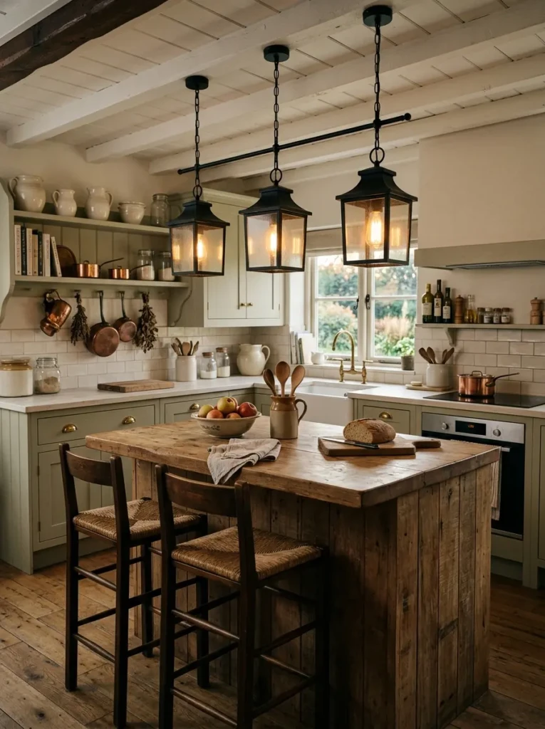 Cozy farmhouse kitchen island illuminated by black lantern pendant lights and warm ambient glow.
