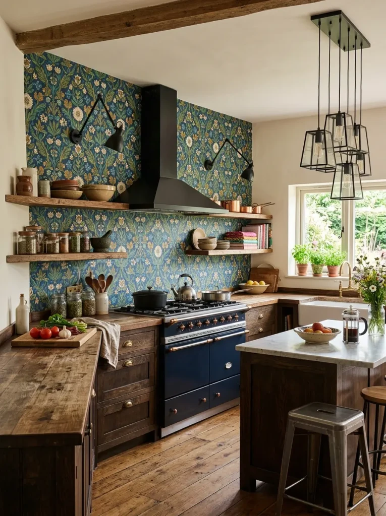Farmhouse kitchen with bold patterned wallpaper accent wall behind cooking area and rustic elements